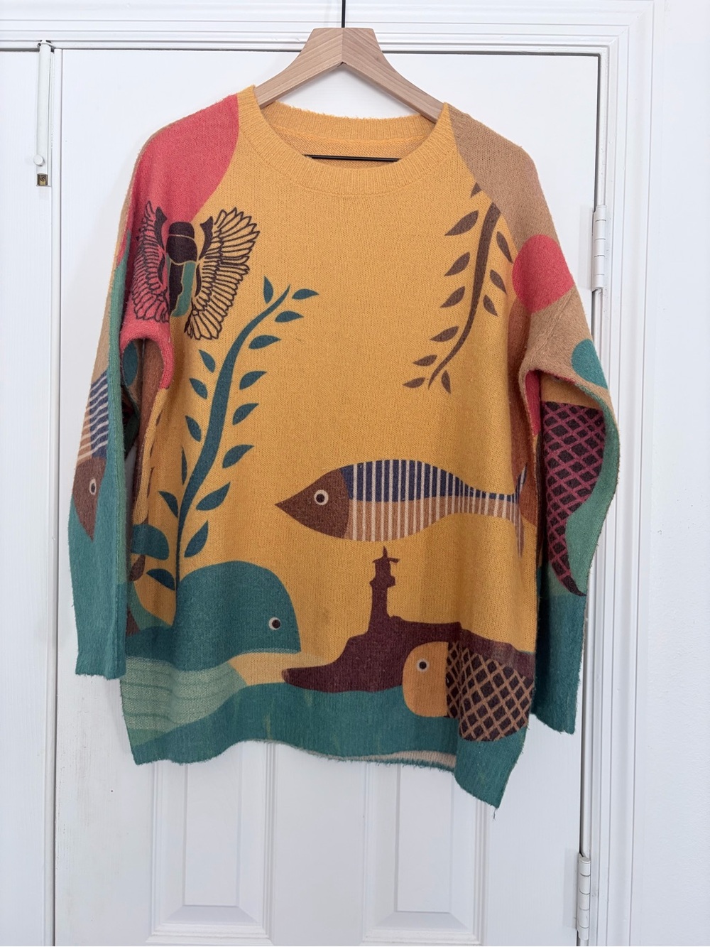 Women’s Mustard Multicolor Graphic Knit Sweater, artsy, fish sweater, cotton/woo